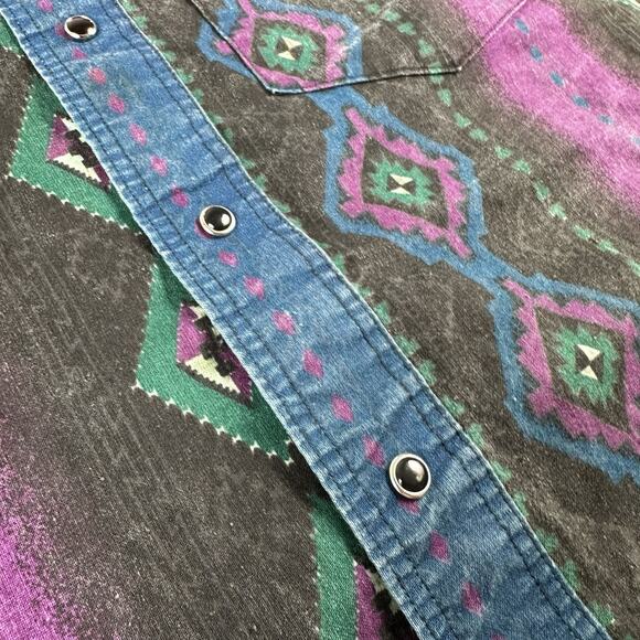 Vintage Wrangler Shirt Men’s Large Aztec Western Snap Brushpopper Rodeo Cowboy - Picture 14 of 16